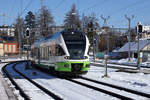 Züge von transN auf normaler und schmaler Spur in La Chaux de Fonds.
RABe 523 075, ehemals TRN, anlässlich der Einfahrt in den Bahnhof La Chaux-de-Fonds als Regionalexpress nach Le Locle am 13. Februar 2021.
Foto: Walter Ruetsch
