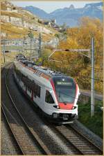 Der Flirt RABe 523 029 als S1 nach Yverdon bei Rivaz am 4. Nov. 2010.