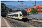 Tilo Flirt 524 014 mit RSI Radiotelevisione svizzera Rete Tre Werbung. S10 25136 in Bellinzona. (14.05.2012)