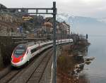 Nachschu: Ein SBB ETR 610 (Pinocchio) Genf–Lausanne-Mailand am 25.02.2012 bei St Saphorin.
