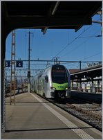 Der BLS MUTZ 515 005 erreicht beim genieteten Bahnsteig an Gleis 4 sein Ziel Thun.