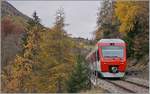 Der TMR RegionAlps RABe 525 041 (UIC 94 85 7525 041-0 CH-RA) ist von Sembrancher nach Orsières unterwegs und fährt kurz nach Semrancher durch einen bunten Herbstwald. 

5. November 2020