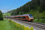 RABe 526 119 Traverso der SOB fährt Richtung Bahnhof Tecknau. Die Aufnahme stammt vom 25.08.2021.