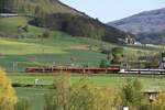 Pendelzüge unterschiedlichen Alters begegnen sich bei Sissach BL am 03.05.2021.