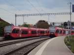 GTW Treffen in Kerzers links: RABe 526 281  Pirre-Pertuis  und RABe 526 ... rechts: RABe 526 264  Napf  und RABe 526 260  Luzerner Hinterland . 07.05.2010