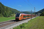 RABe 526 221 Traverso der SOB fährt am 22.08.2022 Richtung Bahnhof Gelterkinden.