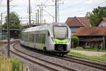 Zwei der neuen RABe 528 (MIKA) der BLS fahren als IR66 durch Gampelen Richtung Neuchâtel.