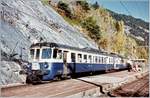 Sie prägten lange Jahre den Regionalverkehr der BLS Südrampe: die BLS ABDe 4/8. Das Bild zeigt den ABDe 4/8 748 mit Bt beim Halt in Hohtenn. 
Analogbild vom Oktober 1995