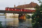 Auf der SMB ein eher seltener Gast.
BDe 4/4 ll 252  WILLISAU  auf der Aarebrücke Solothurn im Jahre 1991.
Foto: Walter Ruetsch