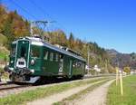 BDe 4/4 1643  Wyländerli  vom SBB Historic Team Winterthur unterwegs am 14. Oktober 2017 auf Bachtelrundfahrt unter blauem Himmel zwischen Steg und Fischenthal nach Bauma. Das  Wyländerli  hatte im Bahnhof Fischenthal einen Halt gemacht, wo dann den  Rehbock  traf.