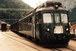 761  Be 4/4 (BN) mit bergabegterzug Zweisimmen-Spiez auf Bahnhof Wimmis am 28-07-1995. bild und scan: Date Jan de Vries.