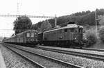 SBB/BLS
Schnellzug Bern-Lausanne mit RBe 4/4 11252 anlässlich der Überholung eines Güterzuges Bern-Fribourg mit der Ae 6/8 207 auf dem Streckenabschnitt Bern-Schmitten im März 1984.
Foto: Walter Ruetsch