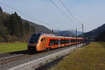 RABe 526 210 Traverso der SOB fährt Richtung Bahnhof Gelterkinden. Die Aufnahme stammt vom 12.03.2022.