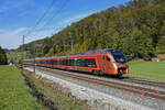 RABe 526 119 Traverso der SOB fährt Richtung Bahnhof Tecknau. Die Aufnahme stammt vom 18.10.2021.