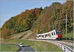 Zwischen Semsales und Châtel St-Denis vor einem herbstlichen Hintergrund fährt TPF SURF ABe 2/4 | B | Be 2/4 101 in Richtung Palézieux.
