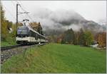 Kurz nach Les Avants fährt der MOB ABe 4/4 9304 (und ein weiterer Alpina Triebwagen am Schluss des Zuges) in Richtung Montreux.