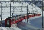BerninaExpress 953 mit ABe 4/4 III 54  Hakone  und 56  Corviglia  verl�sst Bernina Suot Richtung Bernina Diavolezza.