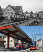 Stark ver�ndert hat sich der Bahnhof Gais der SGA, wie die beiden Aufnahmen aus dem Fr�hjahr 1979 und vom 12.08.2026 zeigen: Oben wartet ein ABDeh 4/4 mit einer der damals �blichen Wagengarnituren auf