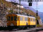 Die beide historische Triebwagen der Berninalinie  ABe 4/4 30 und 34 in Bahnhof Alp Gr�m am 22.09.09