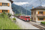 GV Club 1889 in Le Prese am 15. Juni 2019. Zu diesem Anlass wurden ab Pontresina zwei historische Extrazüge geführt. Der erste Zug bestand aus dem ABe 4/4 II 46 mit einem GmP und wurde als Fotozug mit Fotohalten auf der Strecke geführt.<br>
Ausfahrt aus dem Bahnhof Miralago.