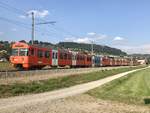 Nachschuss vom RBS  Mandarinli  Be 4/12 52 und dem Be 4/12 58 die am 21.8.18 als S7 nach Worb unterwegs, zwischen Deisswil und Stettlen.