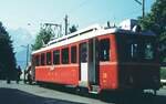 BVB_Bex-Villars-Bretaye__Adhäsions-/Zahnrad-Tw Nr. 26 mit Gepäck-anhänger an einer Zwischenstation.__07-09-1976