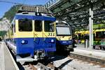 Die ABeh 4/4 II 311–313 mit dem ABDeh 8/8 322 am 19.9.25 im Bahnhof Lauterbrunnen.