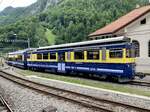 Deer revidierte ABeh 4/4 II 313  Lauterbrunnen  der BOB mit einem GSW am 23.6.21 beim Bahnhof Zweilütschinen abgestellt.