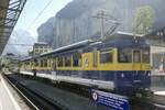 Der Abschiedszug mit den drei ABeh 4/4 II 311–313 am 19.9.25 im Bahnhof Lauterbrunnen.