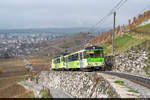 TPC BDeh 4/4 312 ist am 08.11.2020 auf der Strecke von Aigle nach Leysin unterwegs und konnte von mir zwischen Aigle Dépôt und Fontanney aufgenommen werden.