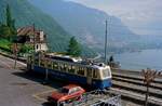 Auf einem Gleis der Ausweich-und Zwischenstation Glion der schweizerischen Zahnradbahn Montreux-Glion war Bhe 2/4 206 abgestellt (19.05.1986) 