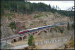 Der Sonderzug DZ 13400 Zürich - Seebrugg mit IRSI 421 387 und NeSA 218 155 am 28.02.2026 auf der Kappel Gutachbrücke im Schwarzwald.