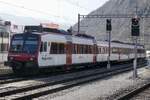 Der Domino RA02 mit dem ABt 941 + B 402 und RBDe 560 402 am 7.3.26 bei der Einfahrt in Brig.