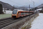 RABe 526 208 Traverso der SOB fährt Richtung Bahnhof Gelterkinden. Die Aufnahme stammt vom 01.02.2022.