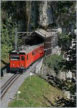 Der Rocheres de Naye Hem 2/2 N° 11 verlässt mit seinem  Belle Epoque Zug  den 386 Meter langen Valmont Kehrtunnel bei Toveyre. 
13. August 2017