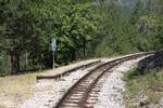 Stanica Obere Jatare der Museumsbahn Mokra Gora, gesehen von der Plattform des SDZ 0410 (letztes Fahrzeug des ersten Zuges nach Mokra Gora) am 13.August 2026.