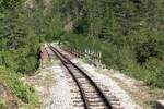 Zwischen Tunnel 47 und 48 gelegene Br�cke �ber die Kamisna, gesehen von der Plattform des SDZ 0410 (letztes Fahrzeug des zweiten Zuges nach Mokra Gora) am 12.August 2026.