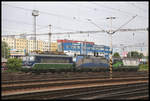 Gleich drei Elektroloks unterschiedlicher Bahn Unternehmen standen am 11.5.2019 hintereinander im Bahnhof Bratislava Petrzalka in Warteposition.