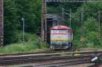 Wie aus dem Nichts taucht 751115 pltzlich an der stlichen Bahnhof Zufahrt
in Kralovany auf. Sie kommt am 2.6.2005 aus dem Tunnel der abzweigenden 
Strecke nach Trstena.