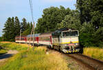 Die 754 084 (Okuliarnik - Taucherbrille) mit dem Personenzug 4362 von Komárno nach Dunajská Streda kurz vor Nová Stráž. Nová Stráž, 11.06.2021.
