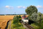  Summertime  in der Slowakei! Die 754 003 mit dem Abendzug 4342 von Komárno (Komárom) nach Dunajská Streda (Dunaszerdahely) kurz vor Komárno Nová Stráž (Örsújfalu).
29.06.2023.