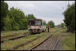 Während am 16.5.2019 gegen 14.55 Uhr hinten bereits der Triebwagen 812026 nach Zlate Moravce den Bahnhof Mana verlässt, wird der Triebwagen 812008 nach Nove Zamky noch durch den