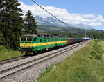 Das 131er Doppel bestehend aus 131 044 und 131 043 traktionierte am 24. Juli einen schönen gemischten Güterzug  von Poprad kommend in Richtung Žilina und wurde dabei von mir vor der beeindruckenden Klulisse der hohen Tatra kurz hinter dem Bahnhof Štrba fotografiert.