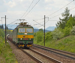 131 073-9 + 131 074-7 mit Güterzug vor Bereich des Haltepunktes Liptovské Vlachy (Gemeinde Vlachy) in der Liptau, Richtung Košice/Kaschau (Ost); 21.05.2016 