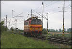 Solo kehrt hier die Laminatka 240031 am 12.5.2019 vom Grenzbahnhof Sturovo zurück und ist bei Tvrdosovce in Richtung Sala unterwegs.