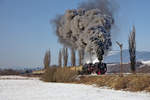 Eine Fotofahrt brachte die 556.053 ins slowakische Paradies. Dieses Bild zeigt die Maschine mit einem Ganzzug aus Kesselwagen bei der Einfahrt Helpa. (08.02.2020)