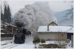 Lok 1 der Museumsbahn Čierny Balog am 28.1.2018 bei der Ausfahrt aus Čierny Balog Richtung Vydrovo.