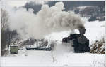 Stichstrecke Čierny Balog-Dobroč der Museumsbahn Čierny Balog. Hier befindet sich Lok Nr. 1 (ČKD-Typ D760/90) am 27.1.2018 kurz vor dem Ziel. 