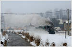 Lok 1 der Museumsbahn Čierny Balog am 28.1.2018 auf der Stichstrecke Šánské und Čierny Balog unterwegs, kurz vor der Einfahrt in den Bahnhof  Čierny Balog.