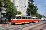 Slowakei / Straßenbahn Bratislava: Tatra T3SUCS - Wagen 7828 ...aufgenommen im Mai 2015 an der Haltestelle  Blumentál  in Bratislava.